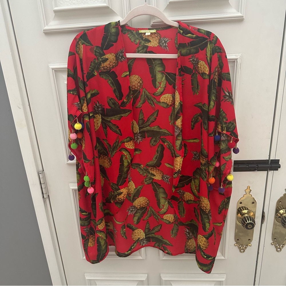 Gianni Bini - Tropical Red Pineapple Kimono with Pom Poms - Small